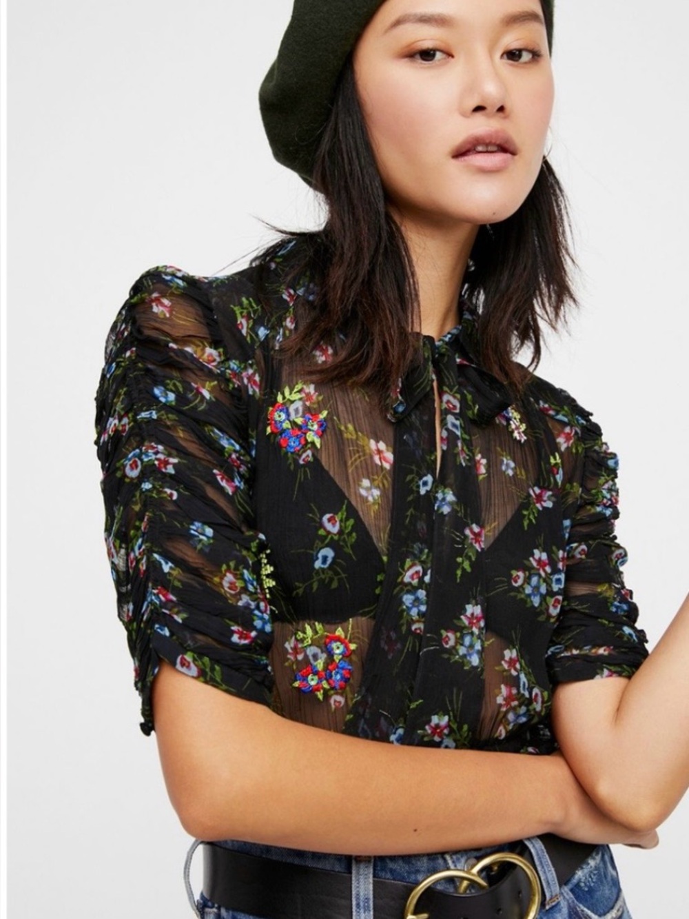 Free People Black Sheer Floral Tie-Neck Blouse with Multicolor Embroidery